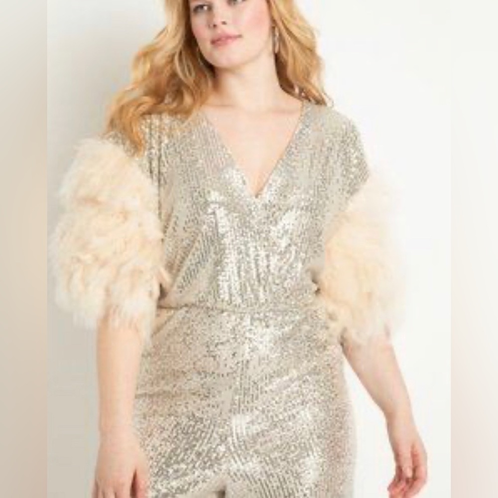 Eloquii Silver Sequin Jumpsuit with Feather Sleeves